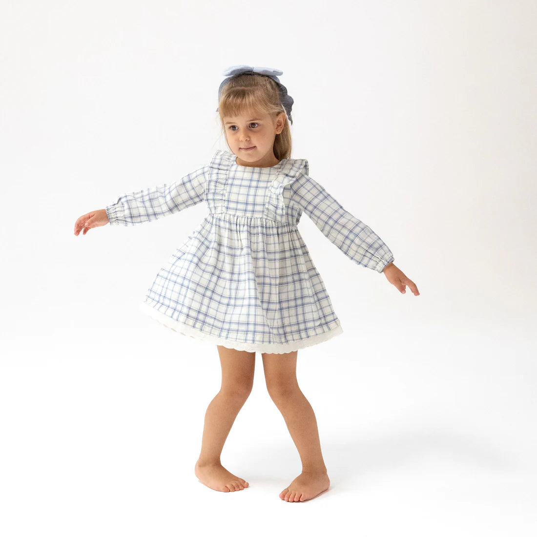 blue plaid dress with eyelet hem