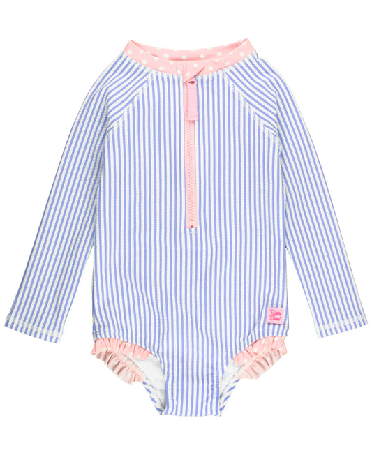 long sleeve onepiece swimsuit - periwinkle seersucker