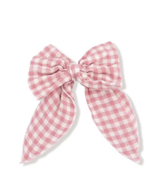 rose pink plaid bow with tails clip