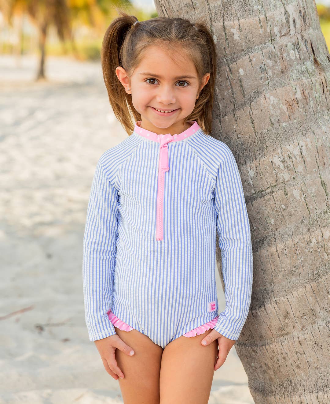 Long-Sleeve Onepiece Swimsuit - Periwinkle Seersucker
