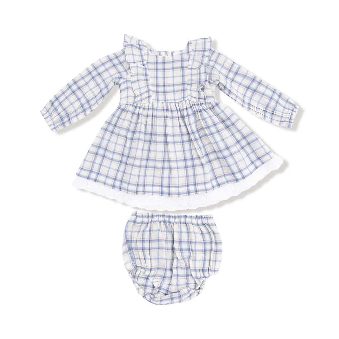 blue plaid dress with eyelet hem + bloomers