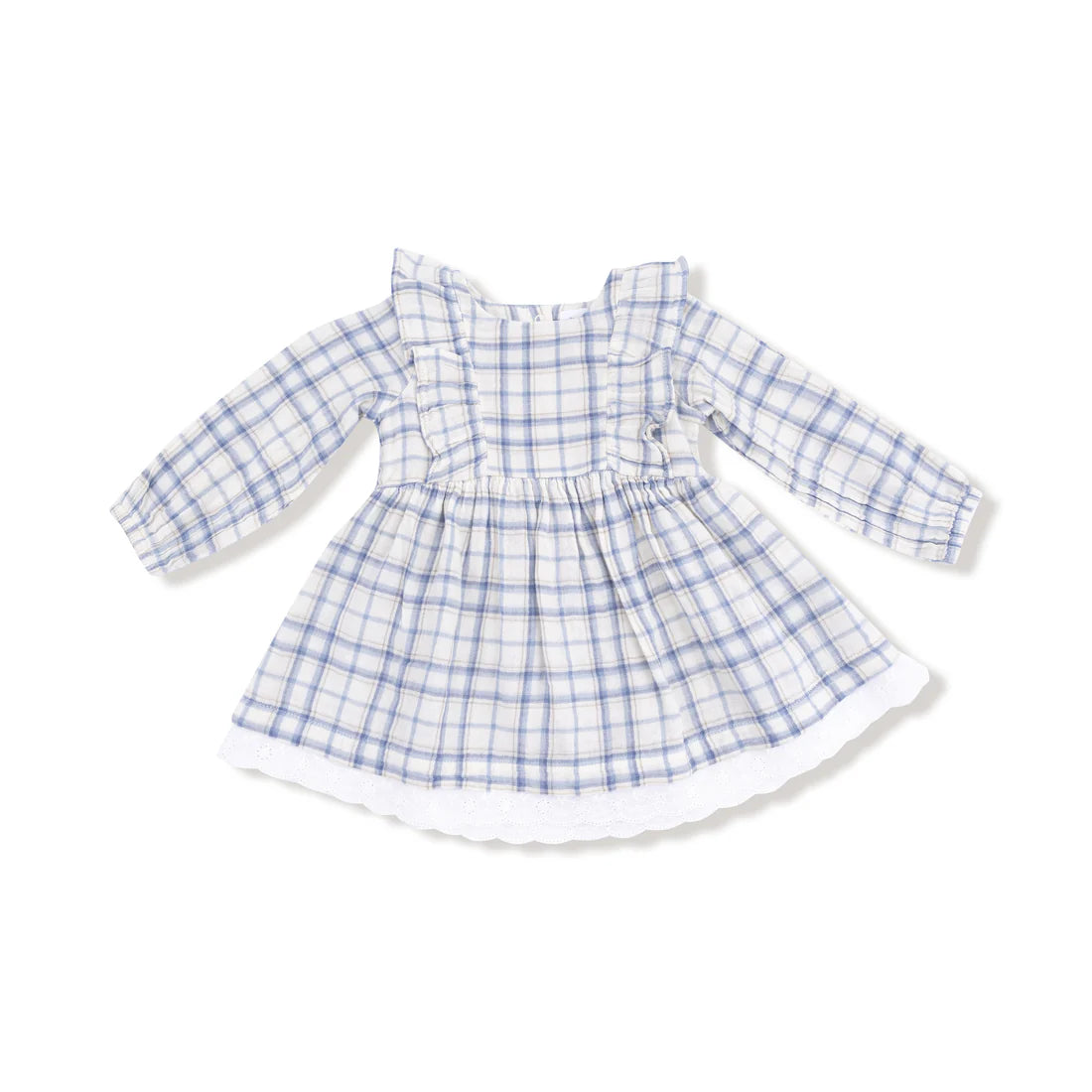 blue plaid dress with eyelet hem