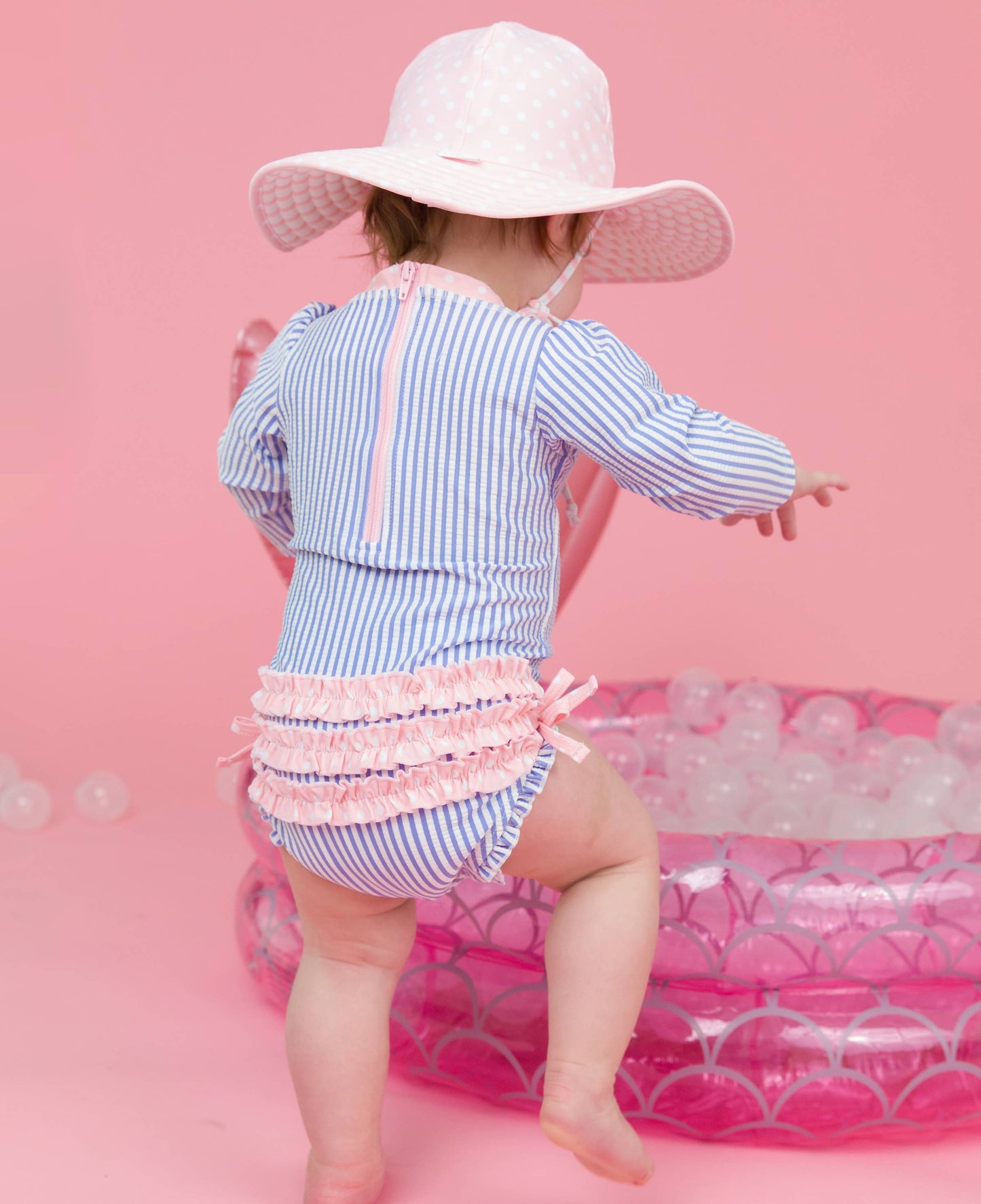 rufflebutts onepiece swimsuit - periwinkle seersucker