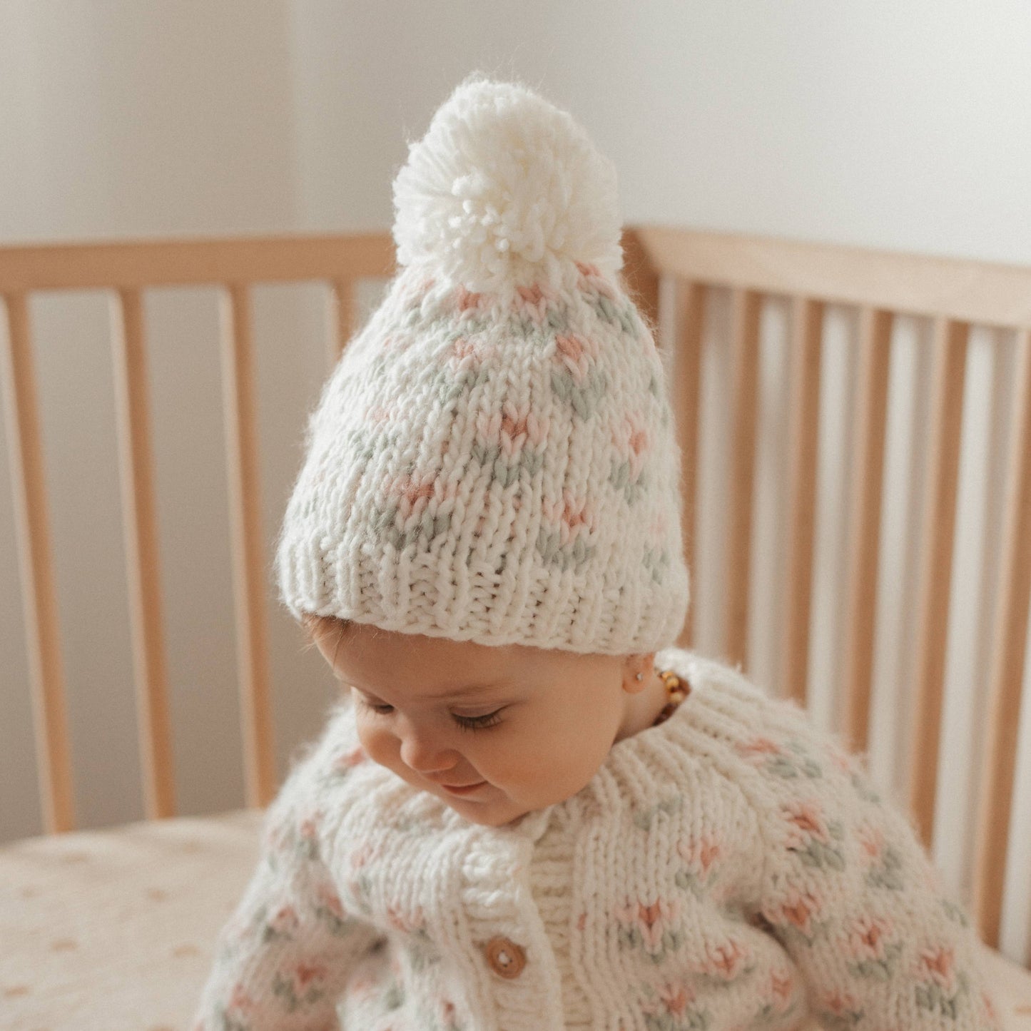 knit beanie - bitty blooms blush