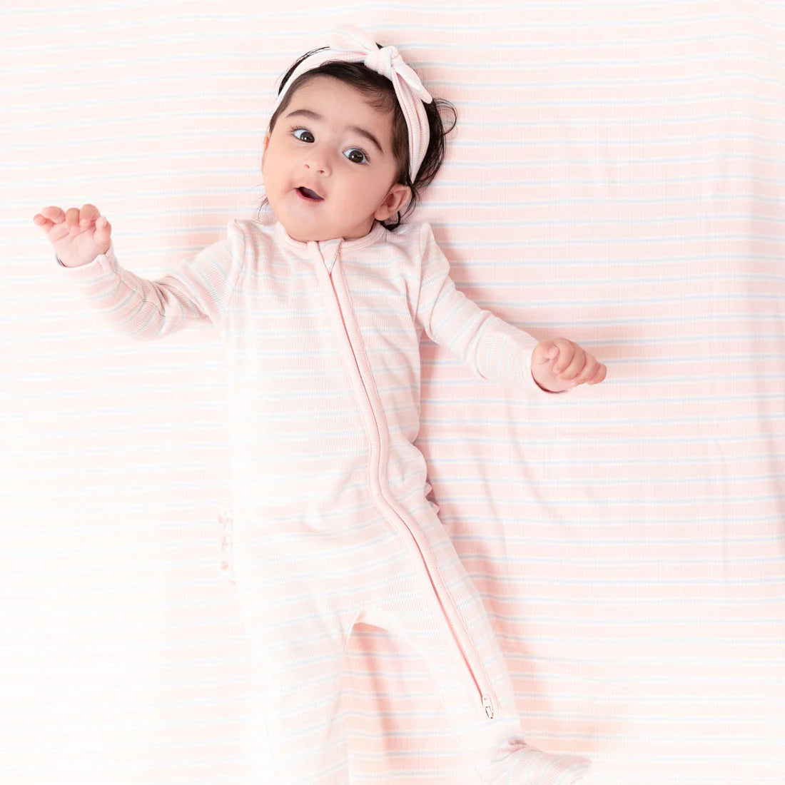 pink multi-stripe - 2-way ruffle zipper footie
