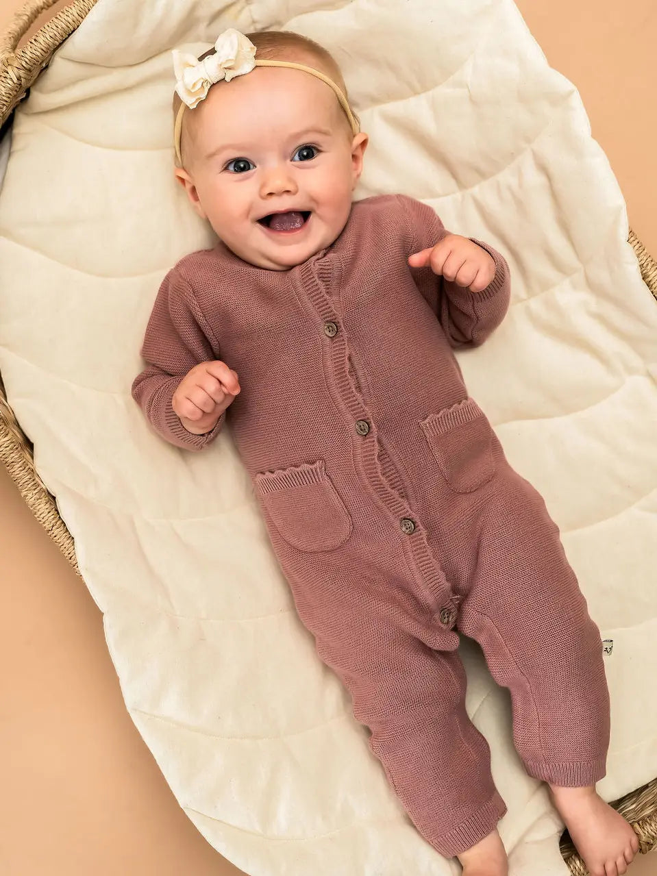 classic pocket & button chunky knit jumpsuit - vintage rose
